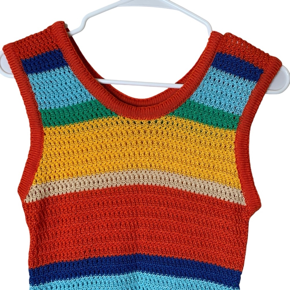 Rainbow Striped Tank Crochet Knit Dress Size XL Summer Colorful Stretch Boho - Picture 3 of 5